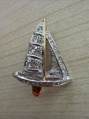 Sailboat Pin Brooch with Rhinestones - Silver & Gold Tones